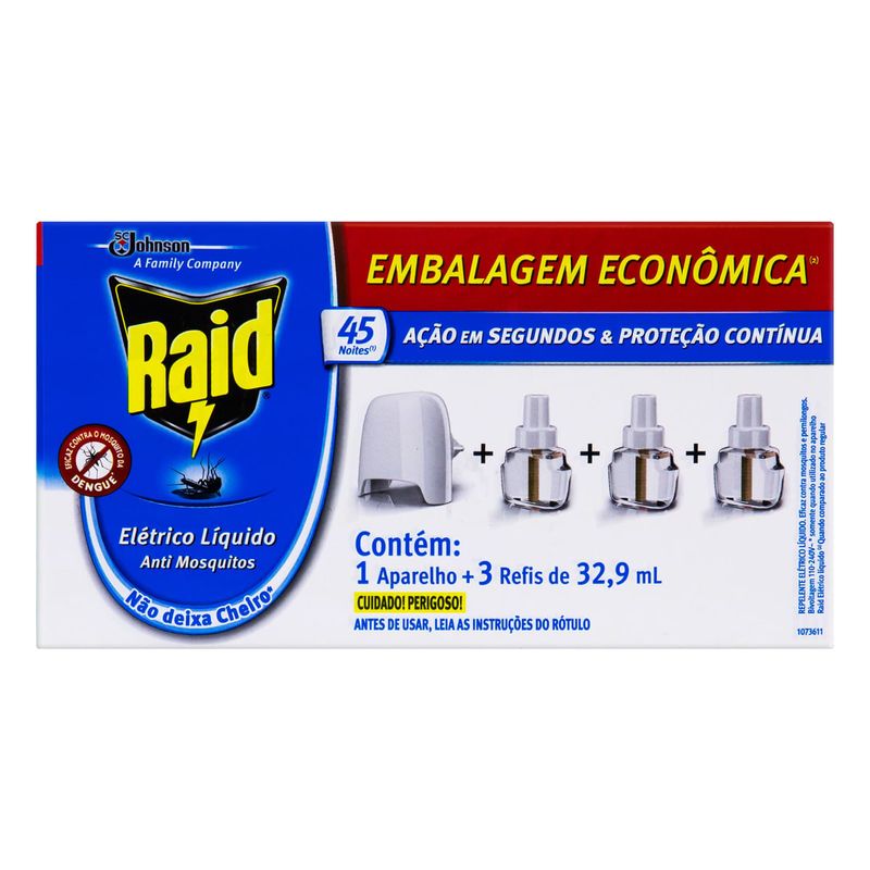 Kit-1-Aparelho---3-Repelente-Eletrico-Liquido-45-Noites-Raid-329ml-Cada-Refil-Embalagem-Economica