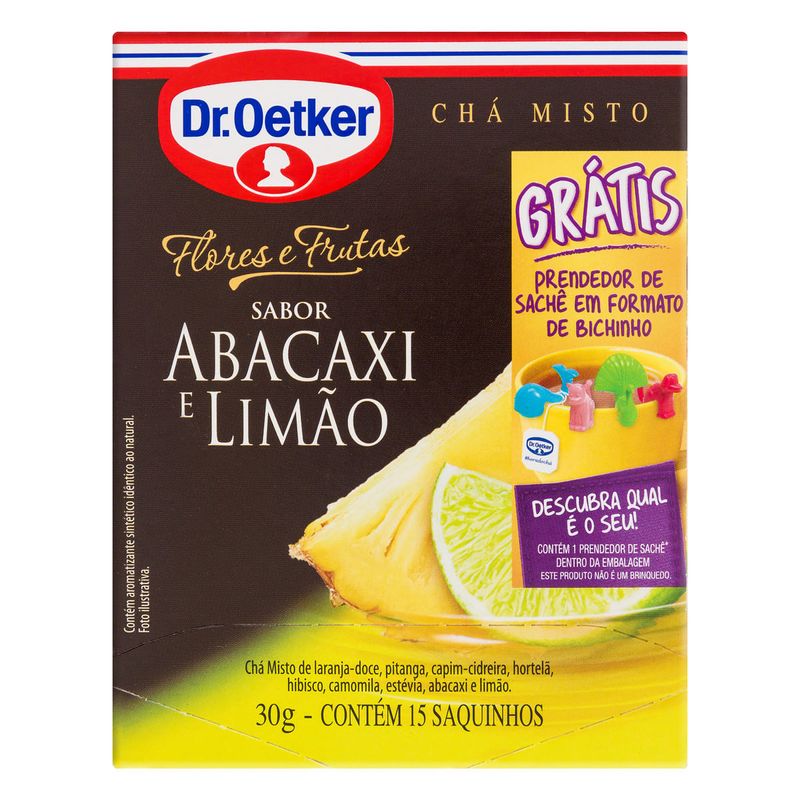 Cha-Abacaxi-e-Limao-Dr.-Oetker-Flores-e-Frutas-30g-com-15-Unidades-Gratis-Prendedor-de-Sache