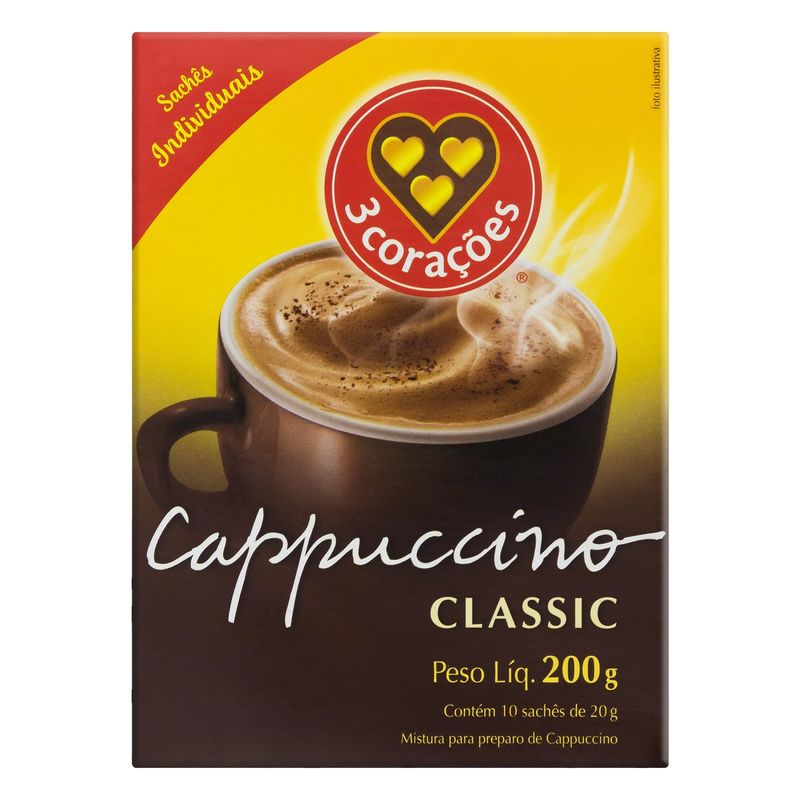 Cappuccino-Soluvel-Classic-3-Coracoes-200g-com-10-Unidades