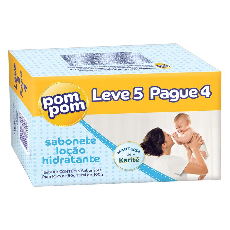 Kit-Sabonete-Infantil-em-Barra-Hidratante-Pom-Pom-400g-Leve-5-Pague-4-Unidades