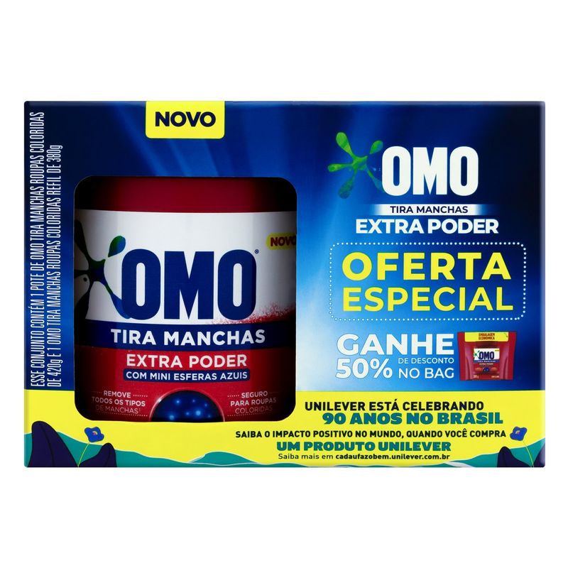 Kit-Tira-Manchas-em-Po-420g---Roupas-Coloridas-Refil-380g-Omo-Gratis-50--de-Desconto-no-Refil