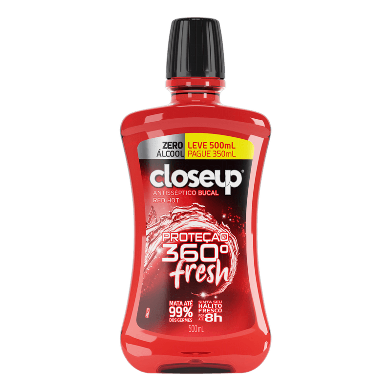 Enxaguante-Bucal-Antisseptico-Zero-Alcool-Red-Hot-Closeup-Protecao-360°-Fresh-Frasco-Leve-500ml-Pague-350ml