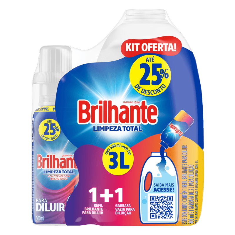 Kit-Garrafa-para-Diluicao---Lava-Roupas-Concentrado-para-Diluir-Brilhante-Limpeza-Total-500ml-Gratis-ate-25--de-Desconto-Refil