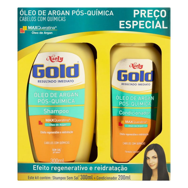 Kit-Shampoo-300ml---Condicionador-200ml-Niely-Gold-Oleo-de-Argan-Pos-Quimica-Caixa