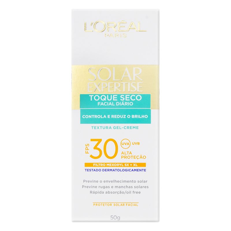 Protetor-Solar-Toque-Seco-Gel-Creme-Facial-FPS-30-L-oreal-Paris-Solar-Expertise-Caixa-50g