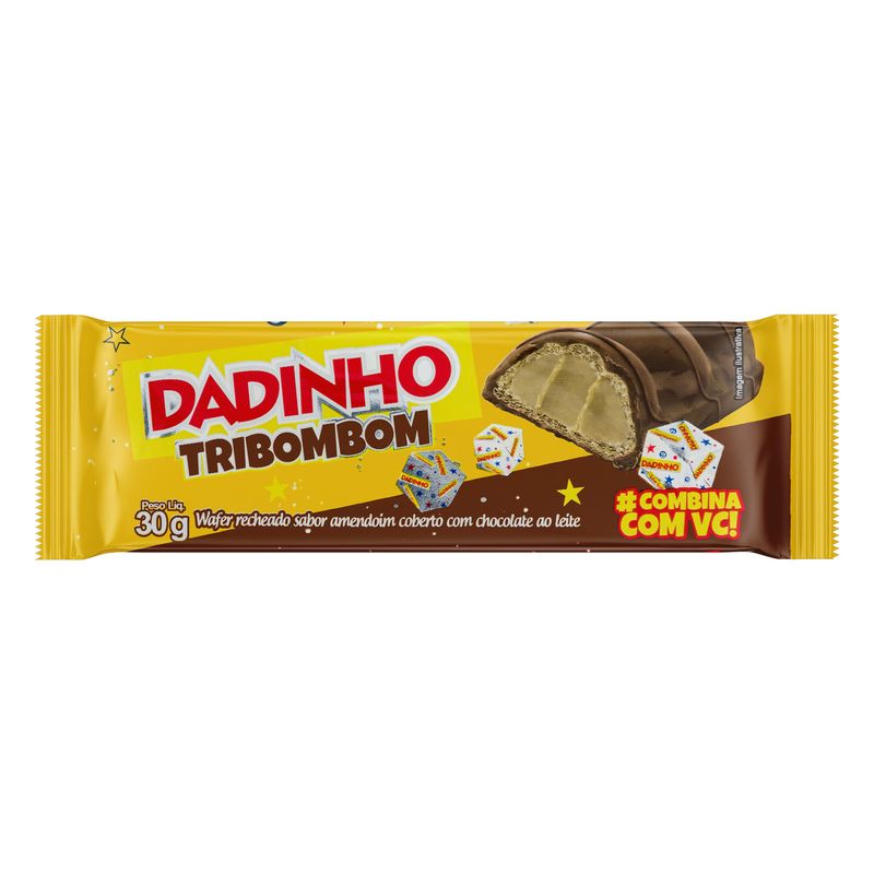 Wafer-Recheio-Amendoim-Cobertura-Chocolate-ao-Leite-Dadinho-Tribombom-Pacote-30g