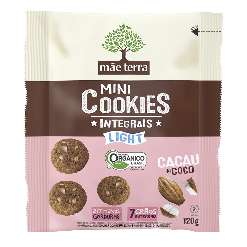 Biscoito-Integral-Organico-Cacau---Coco-Light-Mini-Cookies-Mae-Terra-Pacote-120g