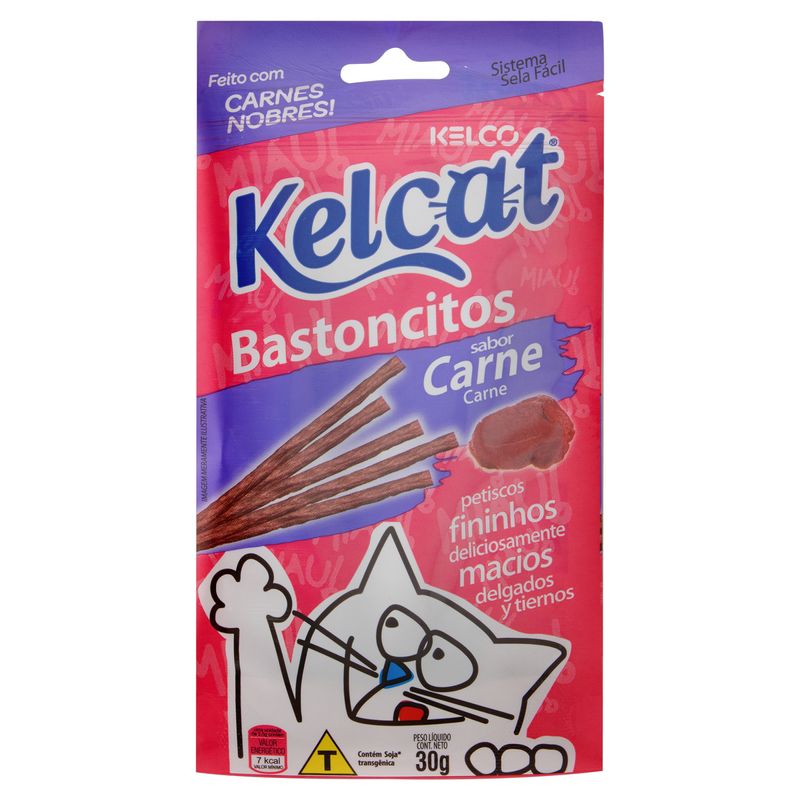 Petisco-para-Gatos-Adultos-Snack-Bastoncitos-Sabor-Carne-Kelcat-Kelco-Sache-30g