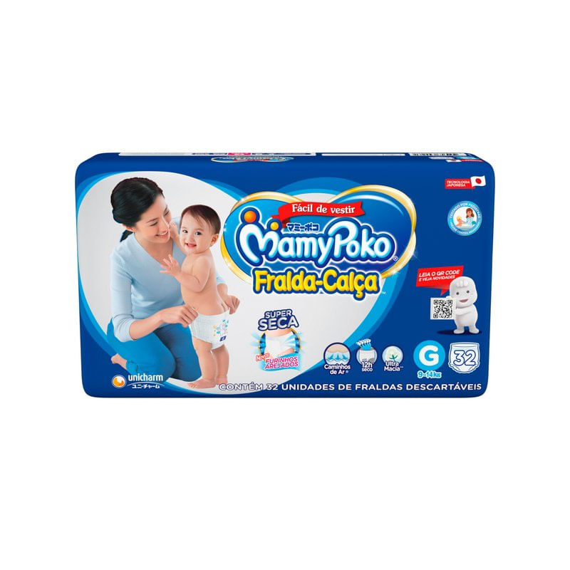 Fralda-Calca-Super-Seca-Facil-de-Vestir-Tamanho-G-MamyPoko-Pacote-32-Unidades