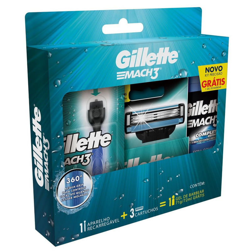 Kit-1-Aparelho-Recarregavel---3-Cargas-para-Barbear-Gillette-Mach3-Gratis-1-Gel-de-Barbear-Extra-Comfort-71g