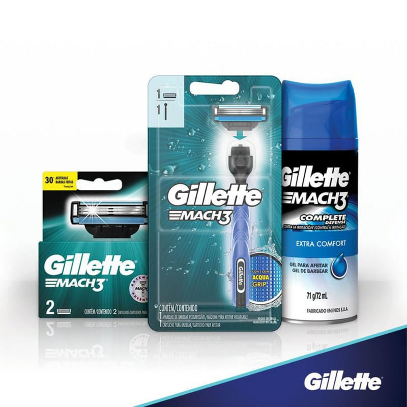Kit-1-Aparelho-Recarregavel---3-Cargas-para-Barbear-Gillette-Mach3-Gratis-1-Gel-de-Barbear-Extra-Comfort-71g