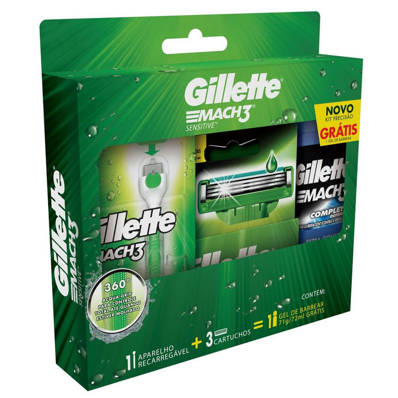 Kit-1-Aparelho-Recarregavel---3-Cargas-para-Barbear-Gillette-Mach3-Sensitive-Gratis-1-Gel-de-Barbear-Extra-Comfort-71g