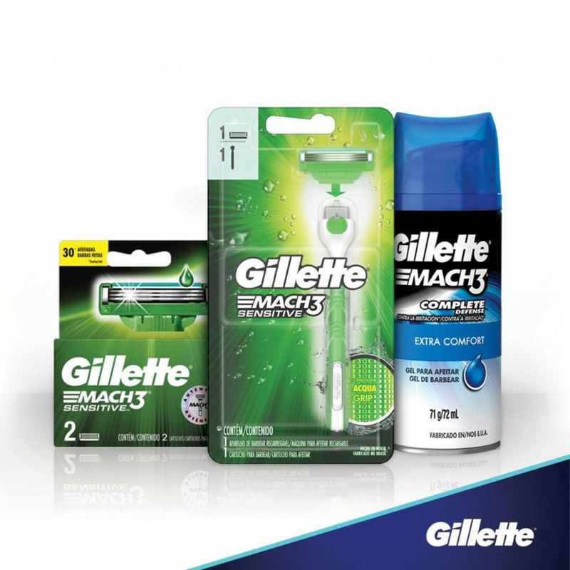 Kit-1-Aparelho-Recarregavel---3-Cargas-para-Barbear-Gillette-Mach3-Sensitive-Gratis-1-Gel-de-Barbear-Extra-Comfort-71g