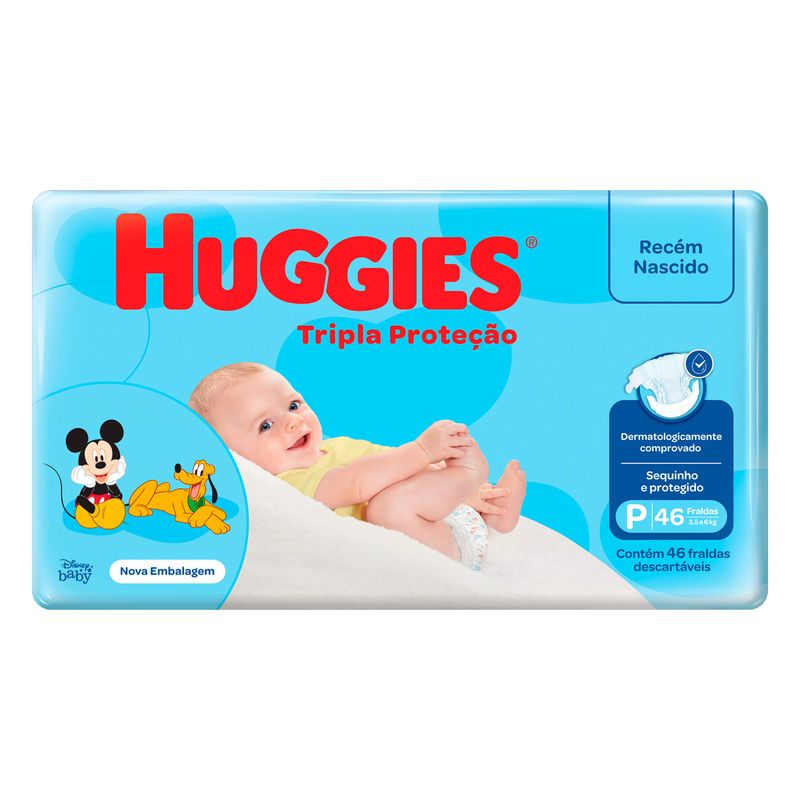 Fralda-Descartavel-Infantil-Tripla-Protecao-Recem-Nascido-Huggies-Pacote-com-46-Unidades-Nova-Embalagem