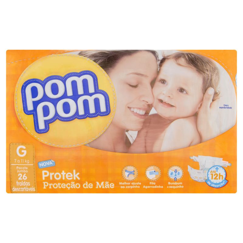 Fralda-Descartavel-Infantil-Pom-Pom-Protek-Protecao-de-Mae-G-com-26-Unidades