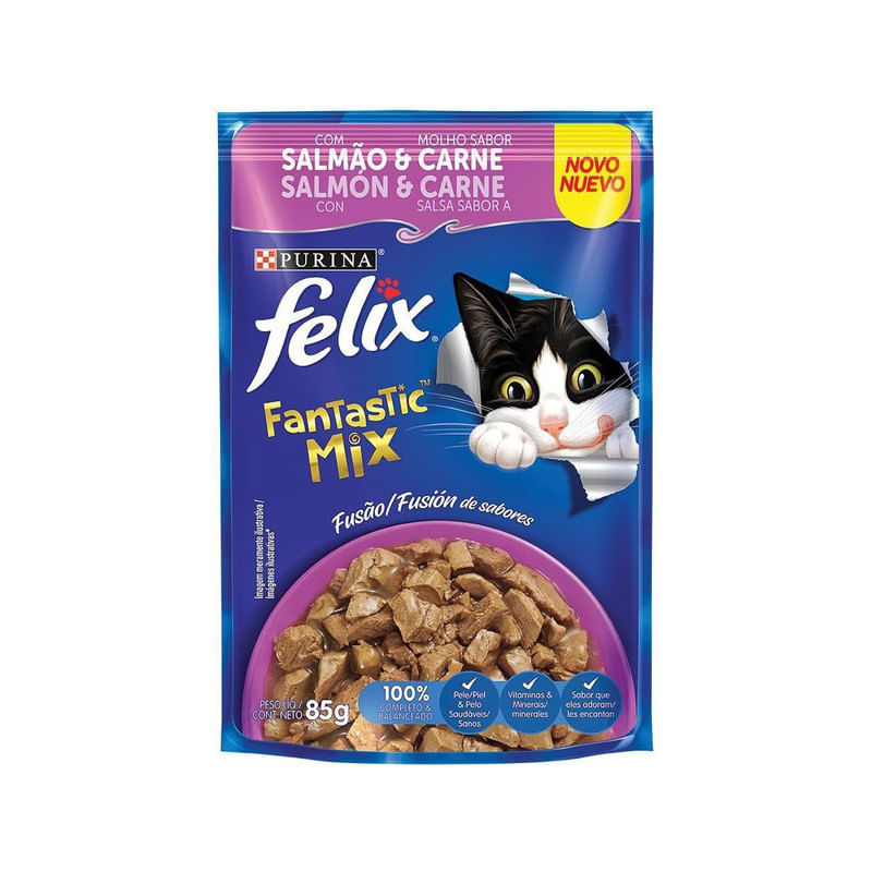 Alimento-para-Gatos-Adultos-Salmao-e-Carne-Fantastic-Mix-Purina-Felix-Sache-85g
