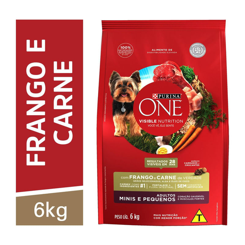 Alimento-para-Caes-Adultos-Racas-Minis-e-Pequenas-Frango-e-Carne-One-Visible-Nutrition-Purina-Pacote-6kg