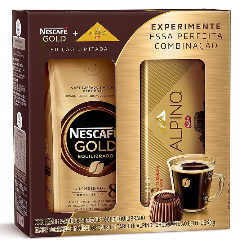 Kit-Cafe-Torrado-e-Moido-Equilibrado-Nescafe-Gold-250g---Chocolate-ao-Leite-Alpino-Nestle-90g-Edicao-Limitada