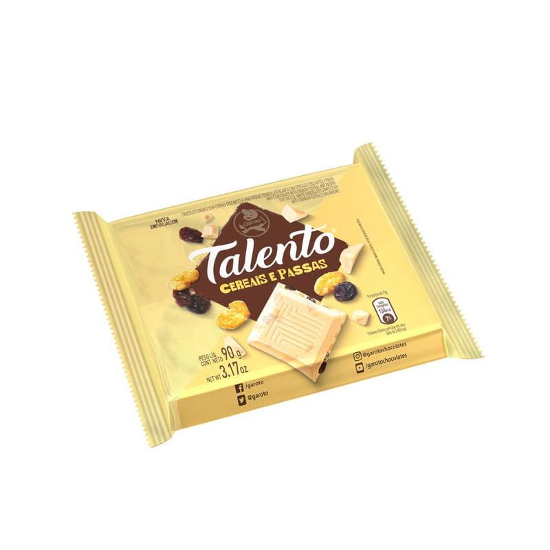 Barra De Chocolate Branco Com Cereais E Passas Talento Garoto 90g 