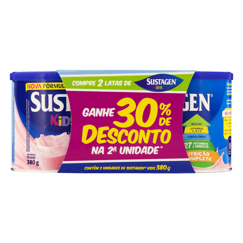 Pack-Po-para-Preparo-de-Bebida-Morango-Sustagen-Kids-Lata-com-2-Unidades-380g-Cada-Gratis-30--de-Desconto-na-2ª-Unidade