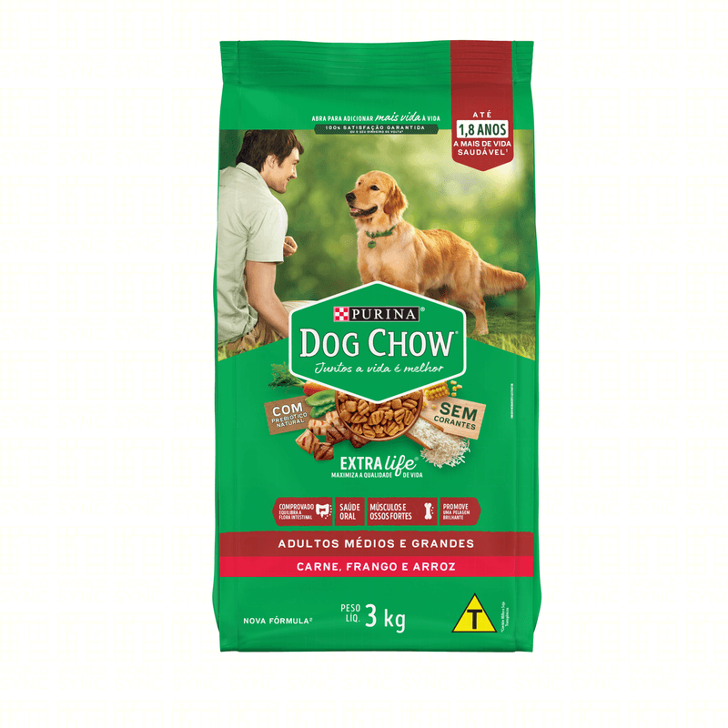 Alimento-para-Caes-Adultos-Racas-Medias-e-Grandes-Carne-Frango-e-Arroz-Dog-Chow-Extra-Life-Purina-Pacote-3kg