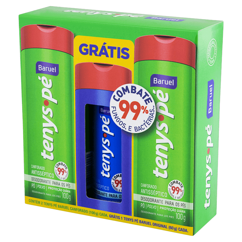 Kit-Desodorante-para-os-Pes-Tenys-Pe-Canforado-2-Unidades-de-100g-Cada---Tenis-Pe-Original-1-Unidade-de-60g-Baruel