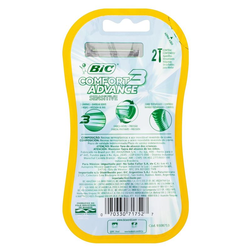 Aparelho-Descartavel-para-Barbear-Comfort-3-Advance-Sensitive-Bic-Cartela-2-Unidades