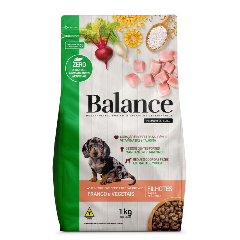 Alimento-para-Caes-Filhotes-Racas-Pequenas-Sabor-Frango-e-Vegetais-Premium-Especial-Balance-Pouch-1kg