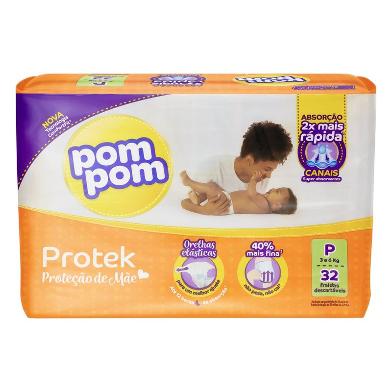 Fralda-Descartavel-Infantil-Pom-Pom-Protek-Protecao-de-Mae-P-com-32-Unidades