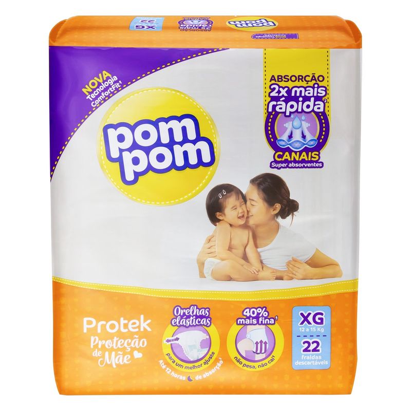 Fralda-Descartavel-Infantil-Pom-Pom-Protek-Protecao-de-Mae-XG-com-22-Unidades