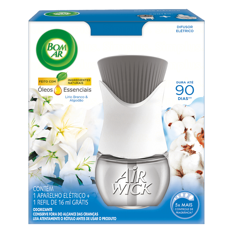 Difusor-Eletrico-Odorizante-Lirio-Branco---Algodao-Bom-Ar-Caixa-Gratis-Refil-16ml