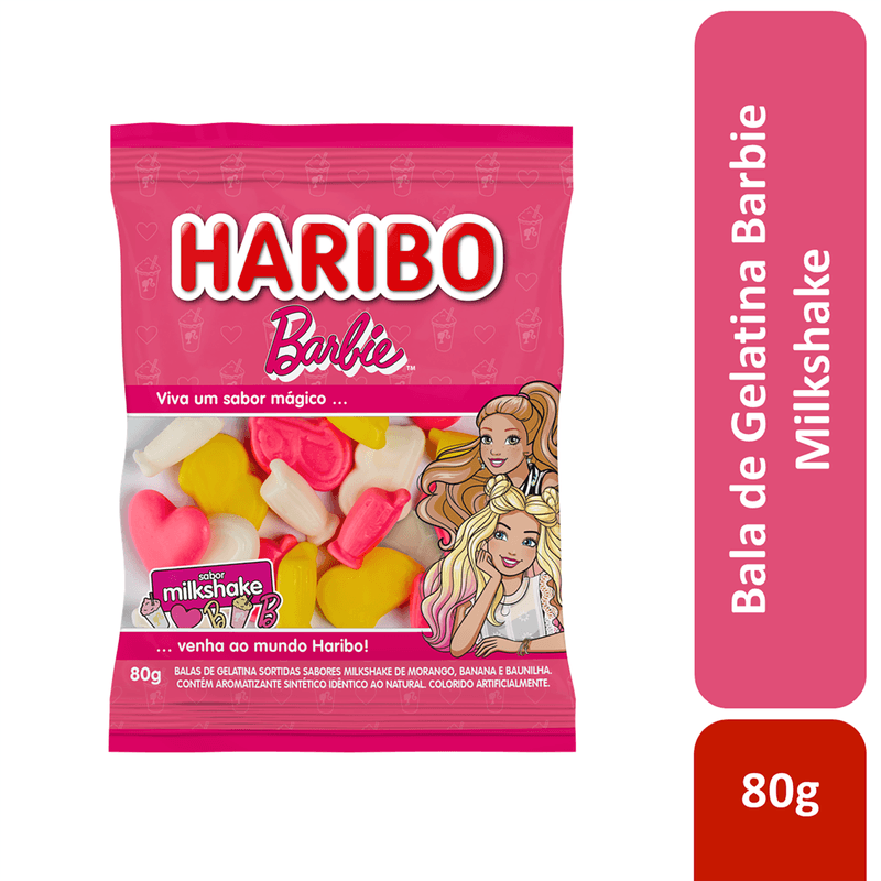 Bala-de-Gelatina-Sortidas-Barbie-Sabor-Milkshake-de-Morango-Banana-e-Baunilha-Haribo-Pacote-80g