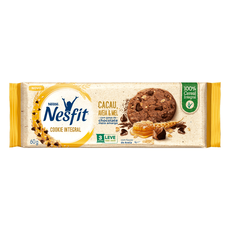 Biscoito-Cookie-Integral-Cacau-Aveia---Mel-com-Gotas-de-Chocolate-Meio-Amargo-Nesfit-Pacote-60g-3-Unidades