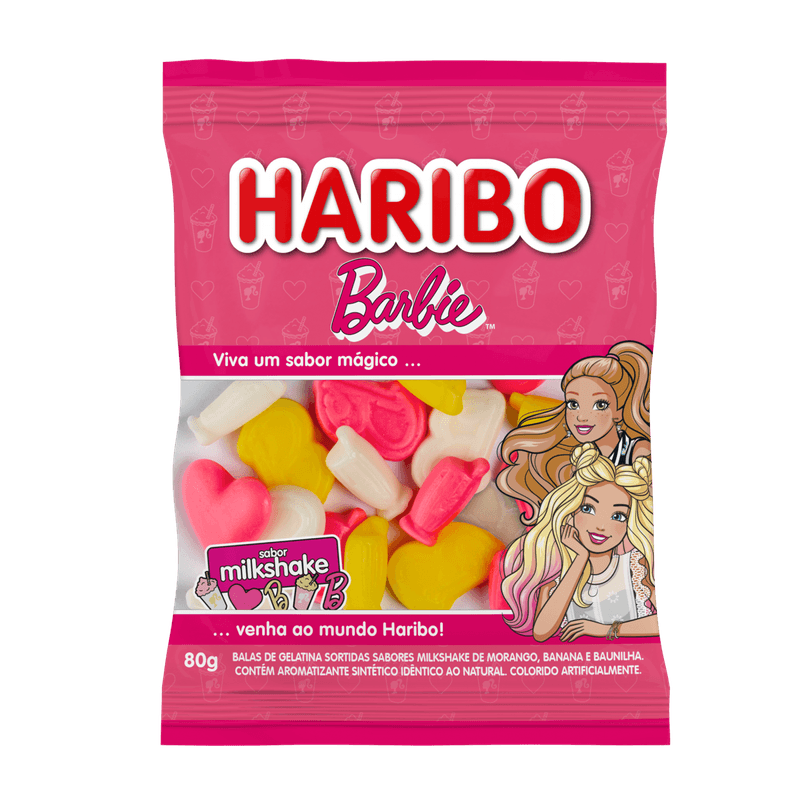 Bala-de-Gelatina-Sortidas-Barbie-Sabor-Milkshake-de-Morango-Banana-e-Baunilha-Haribo-Pacote-80g