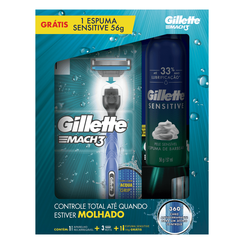 Kit-1-Aparelho-Recarregavel---3-Cargas-para-Barbear-Gillette-Mach3-Gratis-1-Espuma-de-Barbear-Sensitive-56g