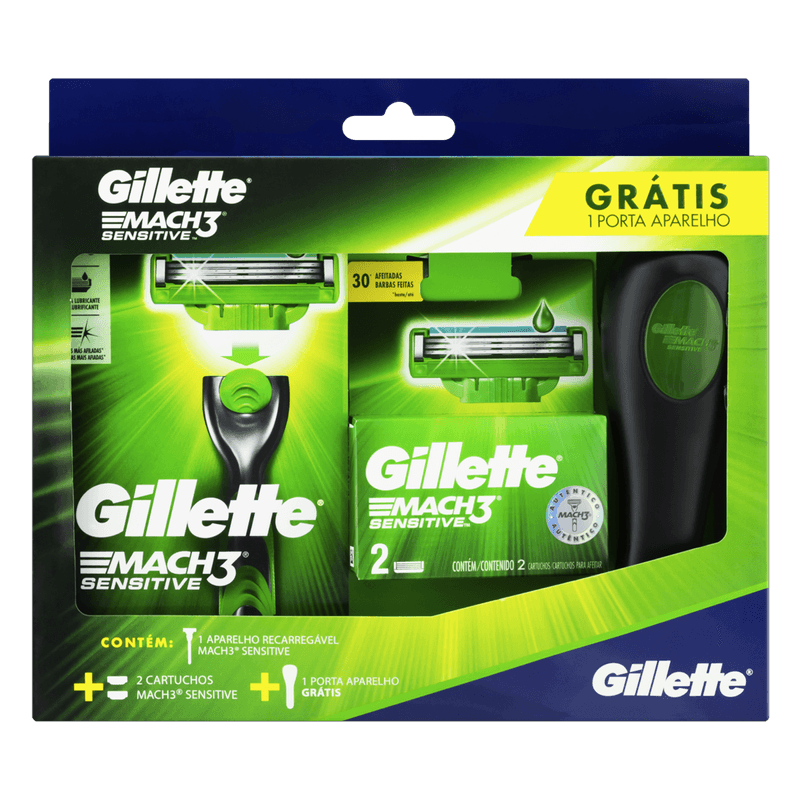 Kit-1-Aparelho-Recarregavel---2-Cargas-para-Barbear-Gillette-Mach3-Sensitive-Gratis-1-Porta-Aparelho