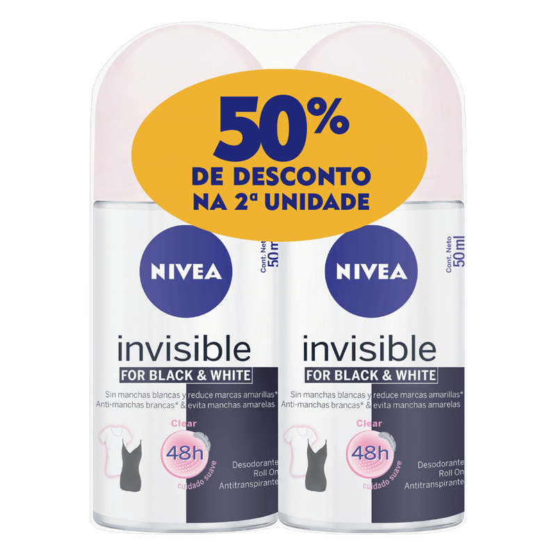 Antitranspirante-Roll-On-Invisible-Black---White-Clear-48h-Nivea-Pack-2-Unidades-50ml-Cada-Gratis-50--de-Desconto-na-2ª-Unidade