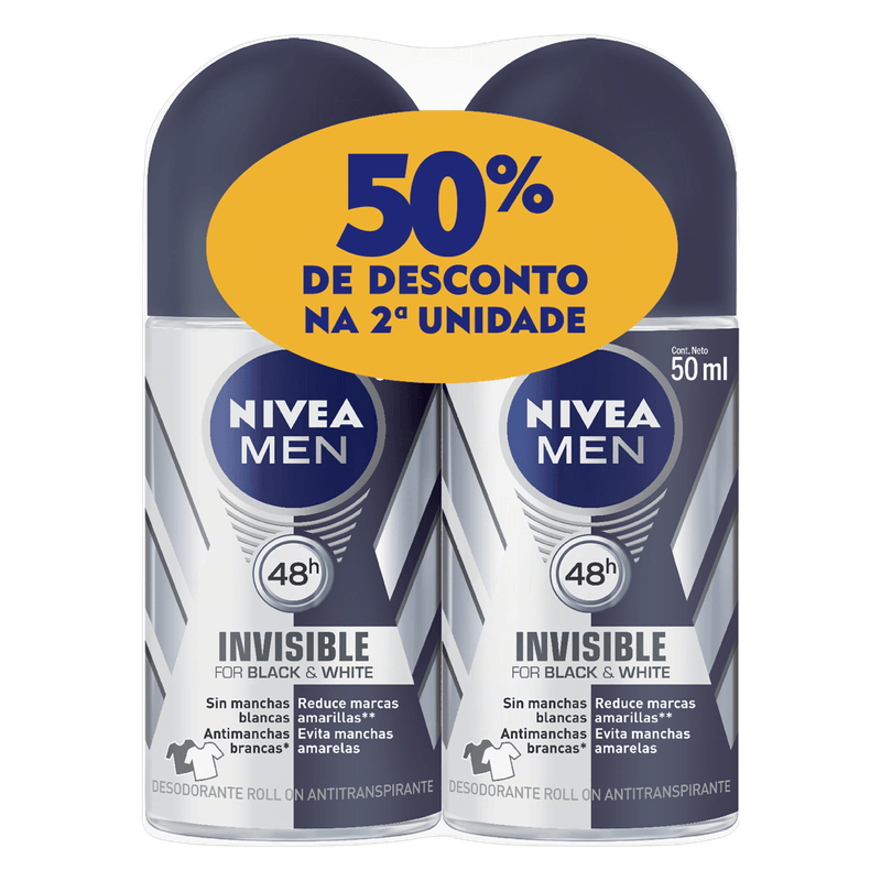 Antitranspirante-Men-Roll-On-Invisible-Black---White-48h-Nivea-Pack-2-Unidades-50ml-Cada-Gratis-50--de-Desconto-na-2ª-Unidade