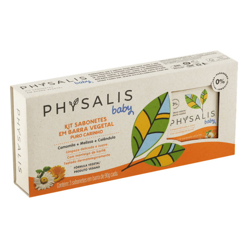 Sabonete-Vegetal-Camomila-Melissa-Calendula-e-Manteiga-de-Karite-Physalis-Pack-3-Unidades-90g-Cada