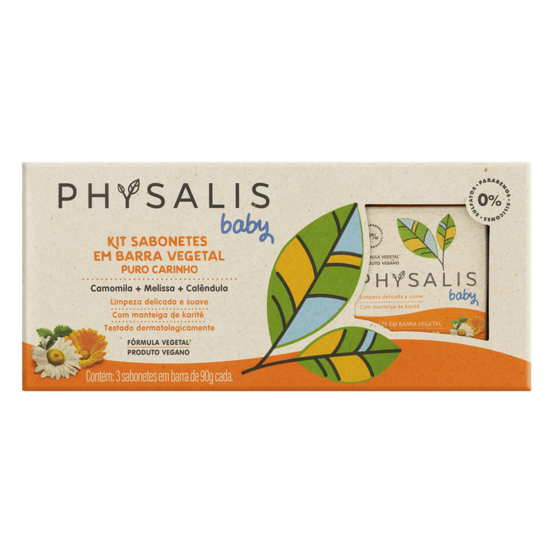 Sabonete-Vegetal-Camomila-Melissa-Calendula-e-Manteiga-de-Karite-Physalis-Pack-3-Unidades-90g-Cada