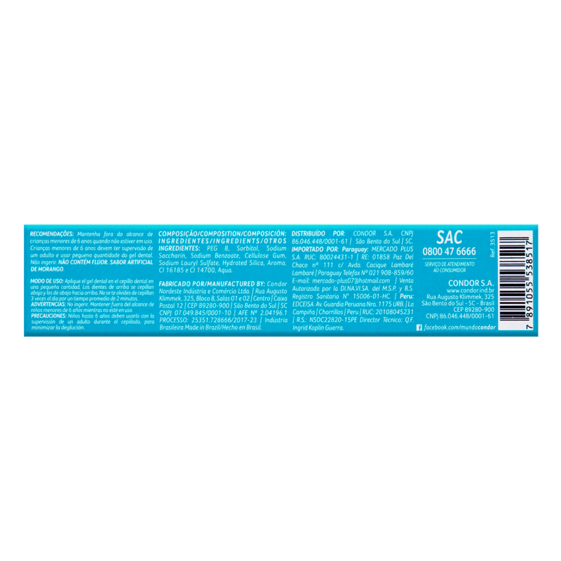 Gel-Dental-Infantil-sem-Fluor-Morango-Galinha-Pintadinha-Condor-Baby-Caixa-50g