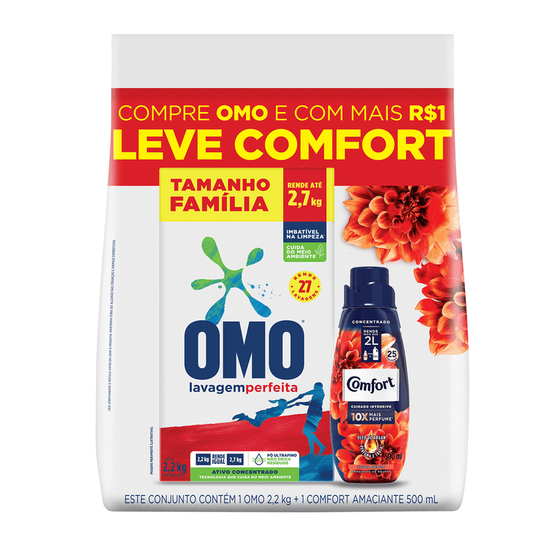 Kit-Lava-Roupas-em-Po-Omo-Lavagem-Perfeita-22kg---Amaciante-Hydra-Serum-Comfort-500ml-