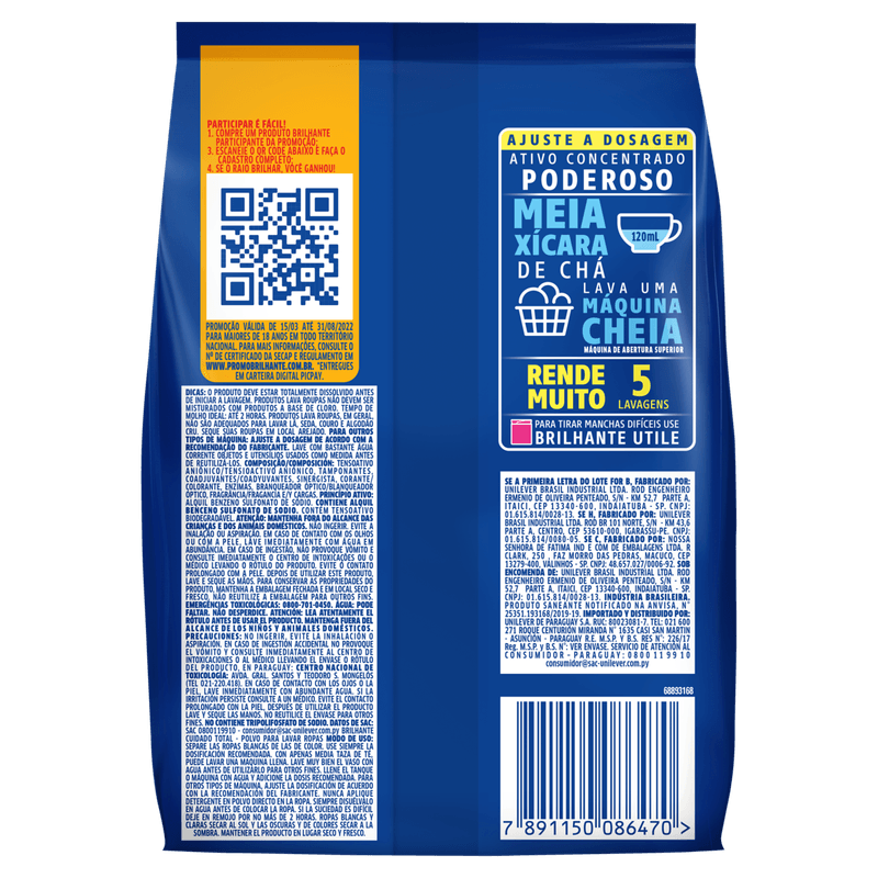 Brilhante Cuidado Total - Lava-Roupas Com Amaciante Junto, 1.6Kg - Cheiro Bom E Limpeza Profunda