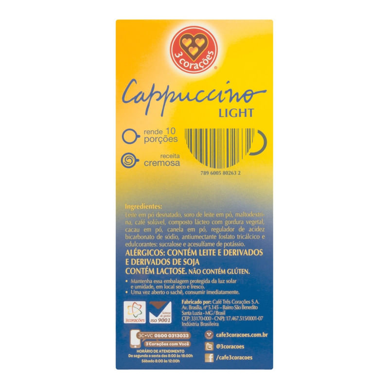 Cappuccino-Soluvel-Light-3-Coracoes-Caixa-140g-com-10-Unidades