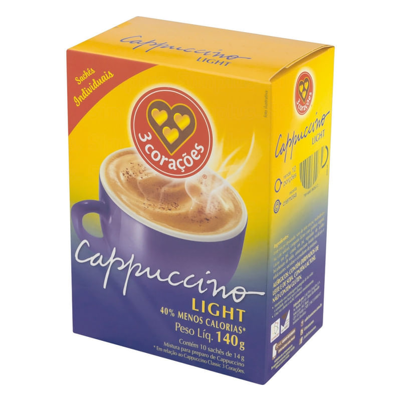 Cappuccino-Soluvel-Light-3-Coracoes-Caixa-140g-com-10-Unidades
