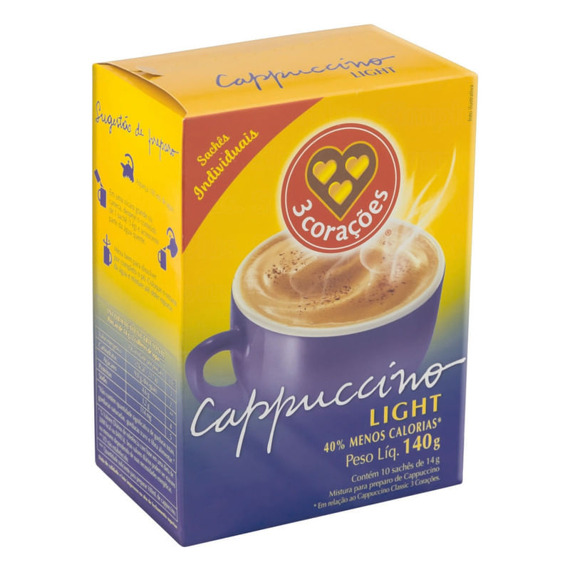 Cappuccino-Soluvel-Light-3-Coracoes-Caixa-140g-com-10-Unidades