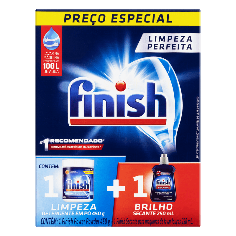 Kit-Detergente-em-Po-Power-Powder-Advanced-450g---Secante-Abrilhantador-para-Maquina-de-Lavar-Loucas-250ml-Finish-Caixa-2-Unidades