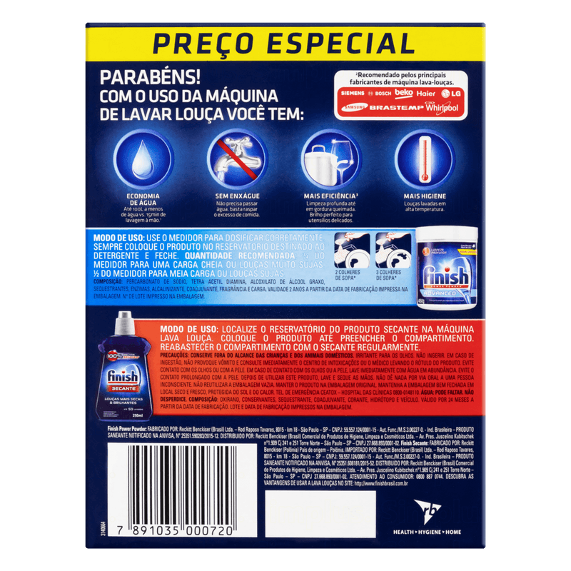 Kit-Detergente-em-Po-Power-Powder-Advanced-450g---Secante-Abrilhantador-para-Maquina-de-Lavar-Loucas-250ml-Finish-Caixa-2-Unidades