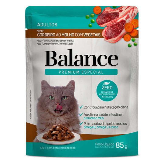 Racao-Umida-para-Gatos-Adultos-Cordeiro-ao-Molho-com-Vegetais-Premium-Especial-Balance-Sache-85g