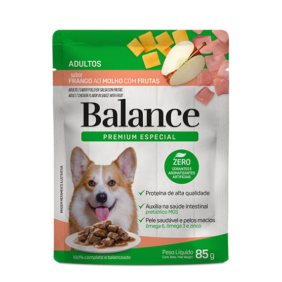 Racao-Umida-para-Caes-Adultos-Frango-ao-Molho-com-Frutas-Premium-Especial-Balance-Sache-85g